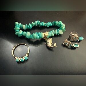“Turquoise Chip Bracelet w/ Dolphin Charm + Turquoise Ring & Earrings Lot”